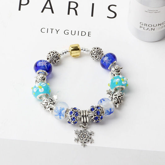 Christmas Snowman & Pine Tree Bead Bracelet with Snowflake Pendant Bracelet(18cm)