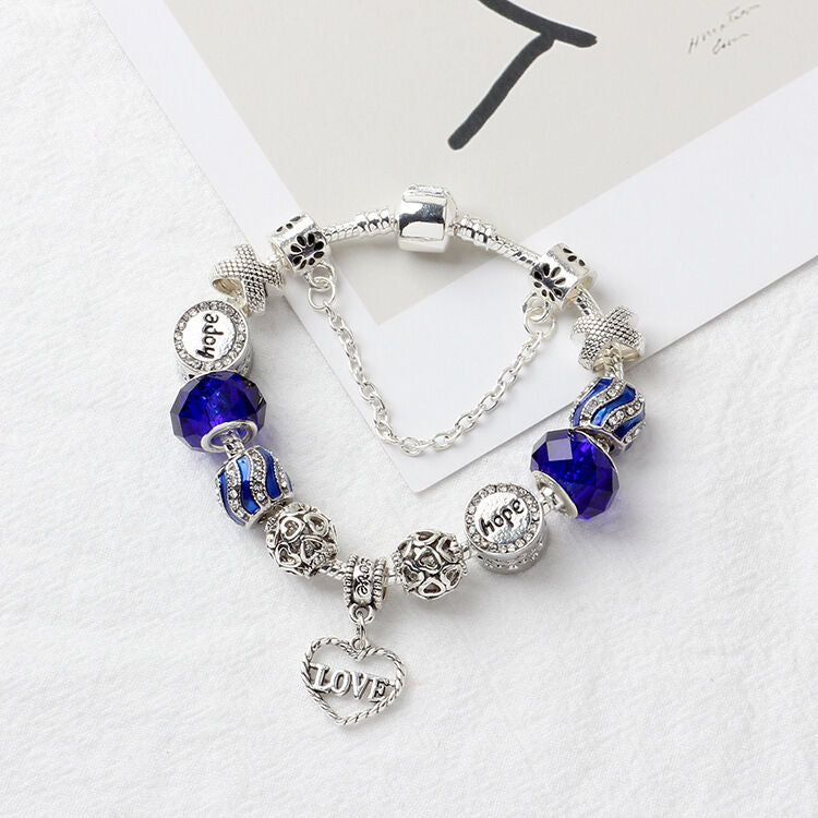 Romantic Love Heart Pendant Bracelet with Rhinestones, Glass Beads(18cm)