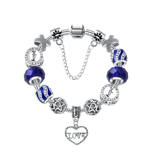Romantic Love Heart Pendant Bracelet with Rhinestones, Glass Beads(19cm)