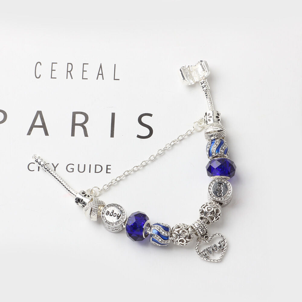 Romantic Love Heart Pendant Bracelet with Rhinestones, Glass Beads(19cm)