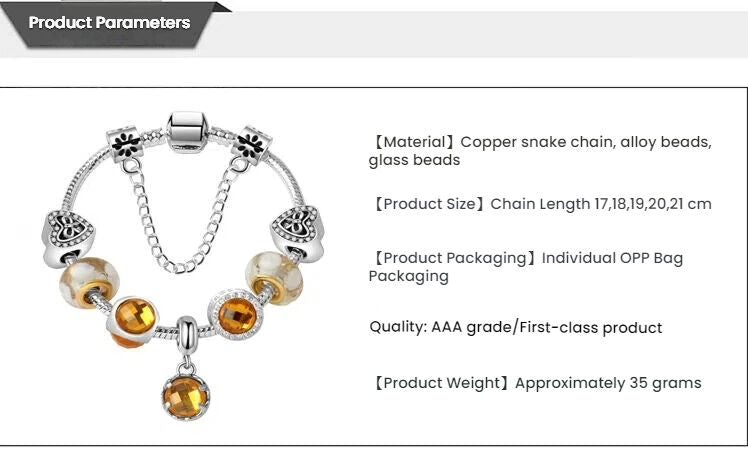 Yellow Zircon Heart Glass Beaded Bracelet with Rhinestones(18cm)