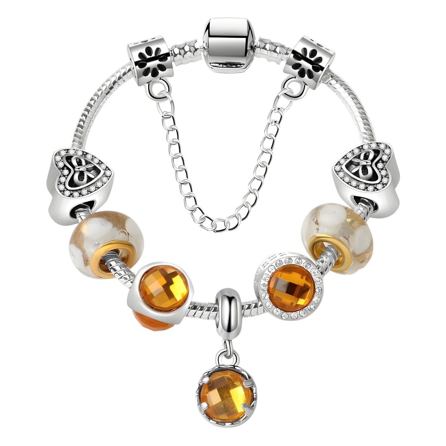 Yellow Zircon Heart Glass Beaded Bracelet with Rhinestones(19cm)