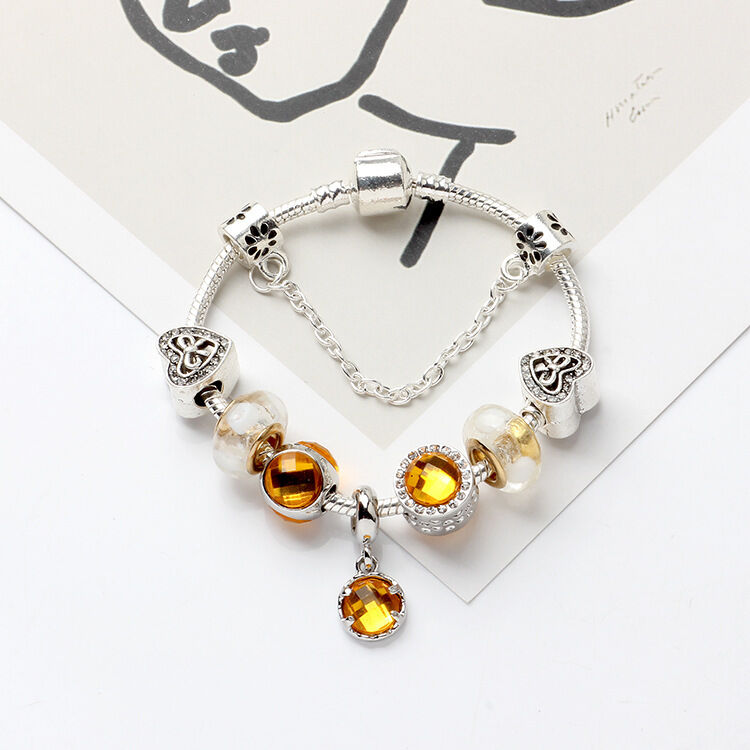 Yellow Zircon Heart Glass Beaded Bracelet with Rhinestones(19cm)