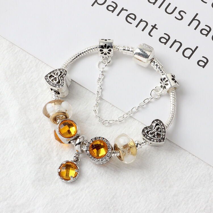 Yellow Zircon Heart Glass Beaded Bracelet with Rhinestones(19cm)