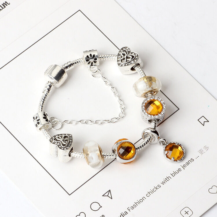 Yellow Zircon Heart Glass Beaded Bracelet with Rhinestones(19cm)