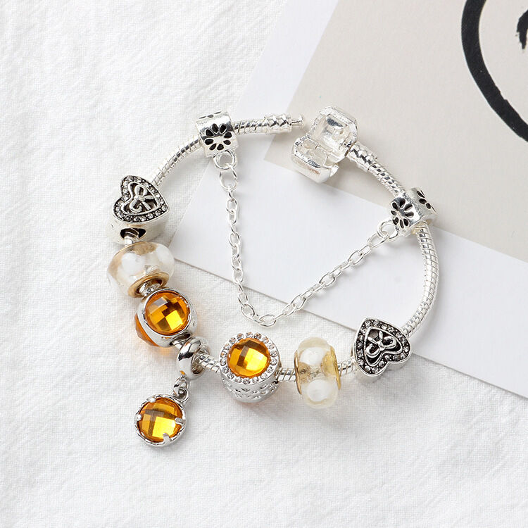 Yellow Zircon Heart Glass Beaded Bracelet with Rhinestones(19cm)