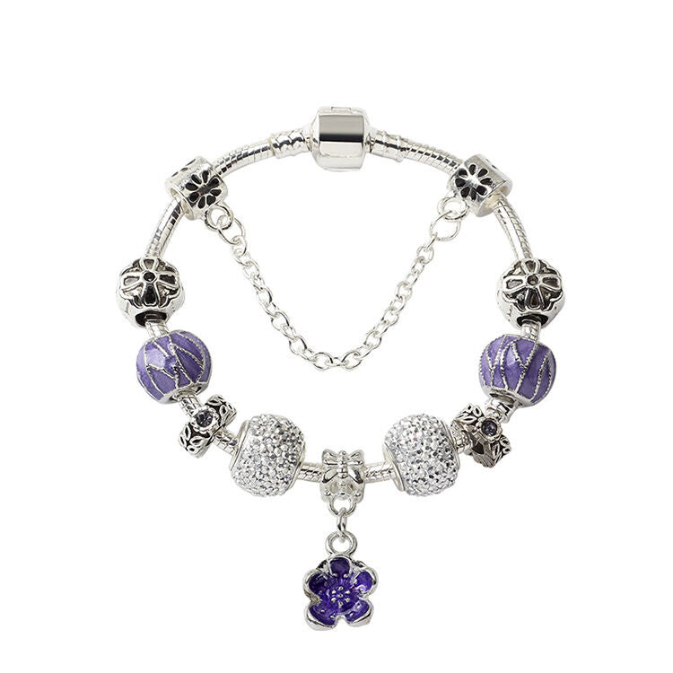 Vintage Alloy Charm Bracelet with Purple Flower Pendant, Crystal Beads(18cm)