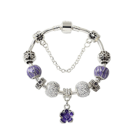 Vintage Alloy Charm Bracelet with Purple Flower Pendant, Crystal Beads(18cm)