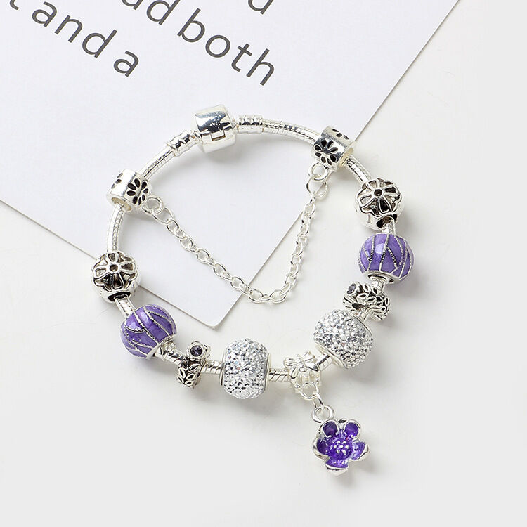 Vintage Alloy Charm Bracelet with Purple Flower Pendant, Crystal Beads(18cm)