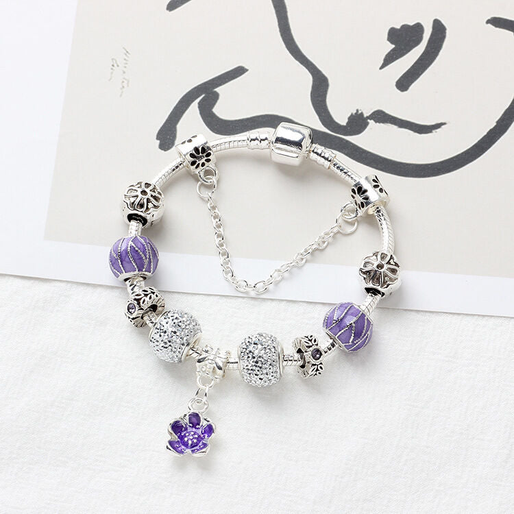 Vintage Alloy Charm Bracelet with Purple Flower Pendant, Crystal Beads(19cm)