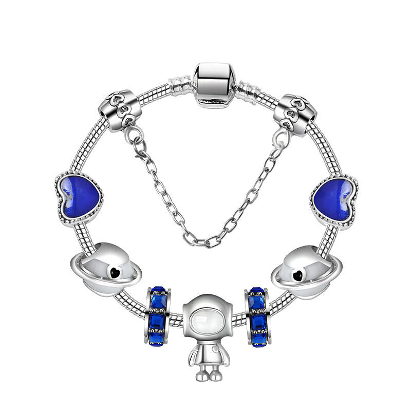Sci-Fi Universe Spaceship Robot Blue Heart Beaded Bracelet with Rhinestones(19cm)