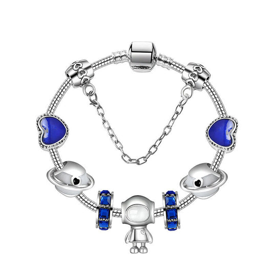 Sci-Fi Universe Spaceship Robot Blue Heart Beaded Bracelet with Rhinestones(20cm)