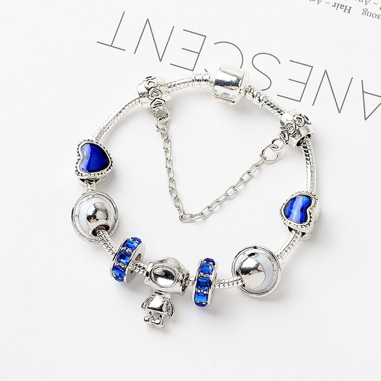 Sci-Fi Universe Spaceship Robot Blue Heart Beaded Bracelet with Rhinestones(20cm)