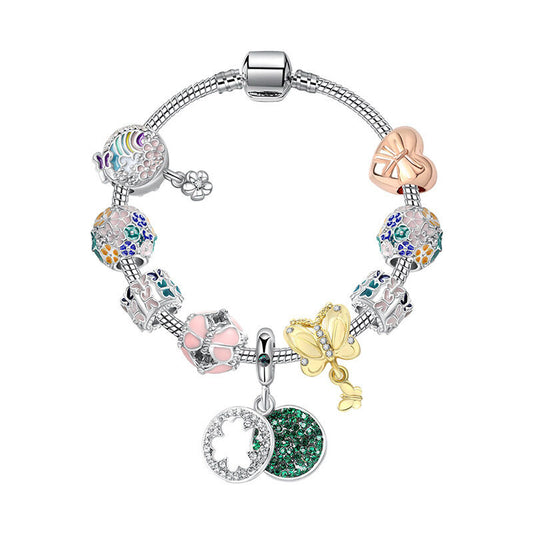 Rhinestone Inlaid Pastoral Style Butterfly Wreath Clover Pendant Bracelet(19cm)