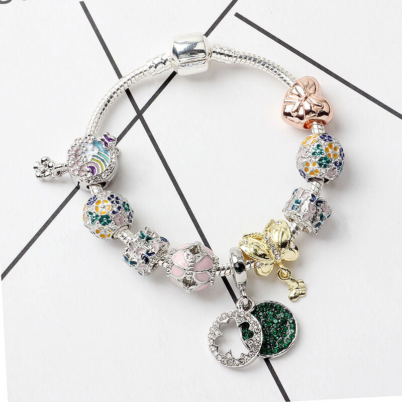 Rhinestone Inlaid Pastoral Style Butterfly Wreath Clover Pendant Bracelet(19cm)