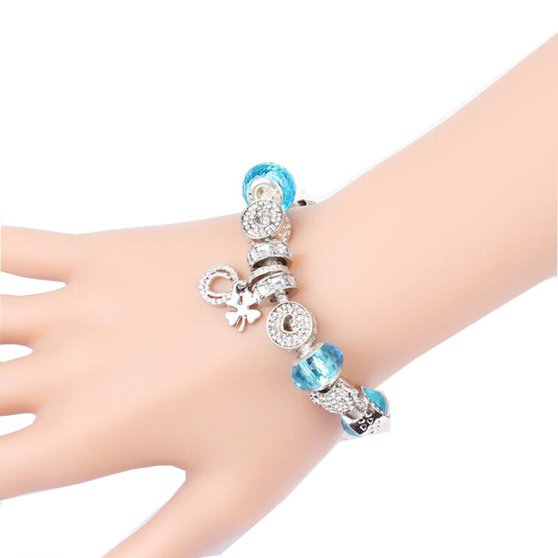 Charm Bracelet with Tortoise, Heart, Clover Pendant(Blue,18cm)