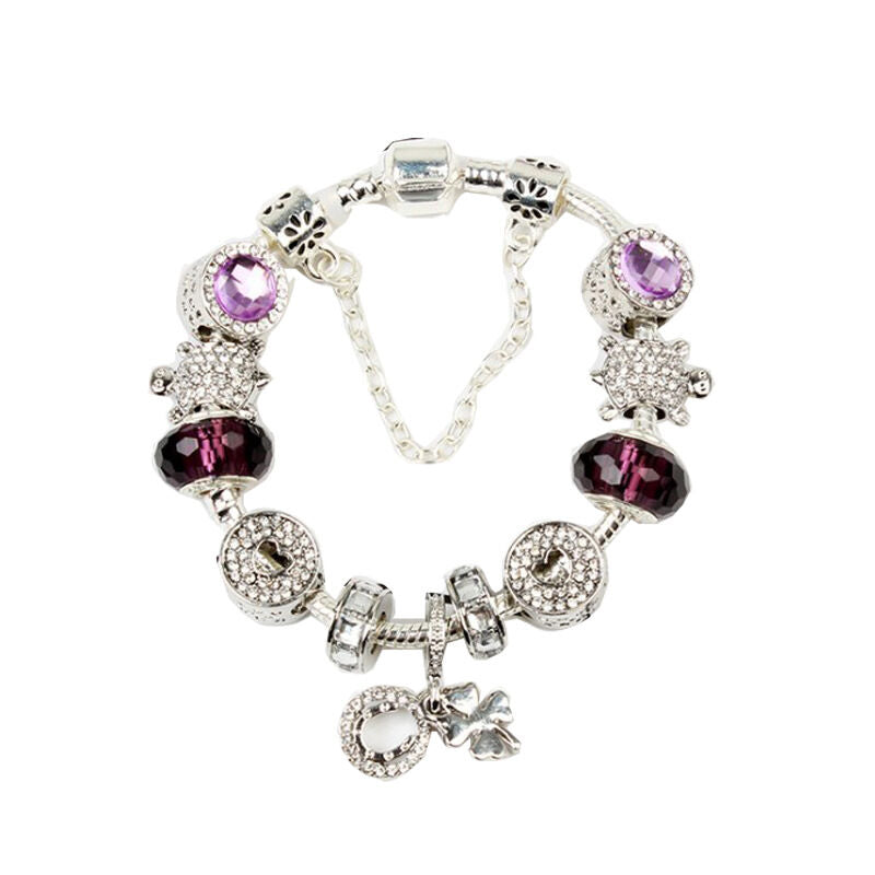 Charm Bracelet with Tortoise, Heart, Clover Pendant(Purple,18cm)