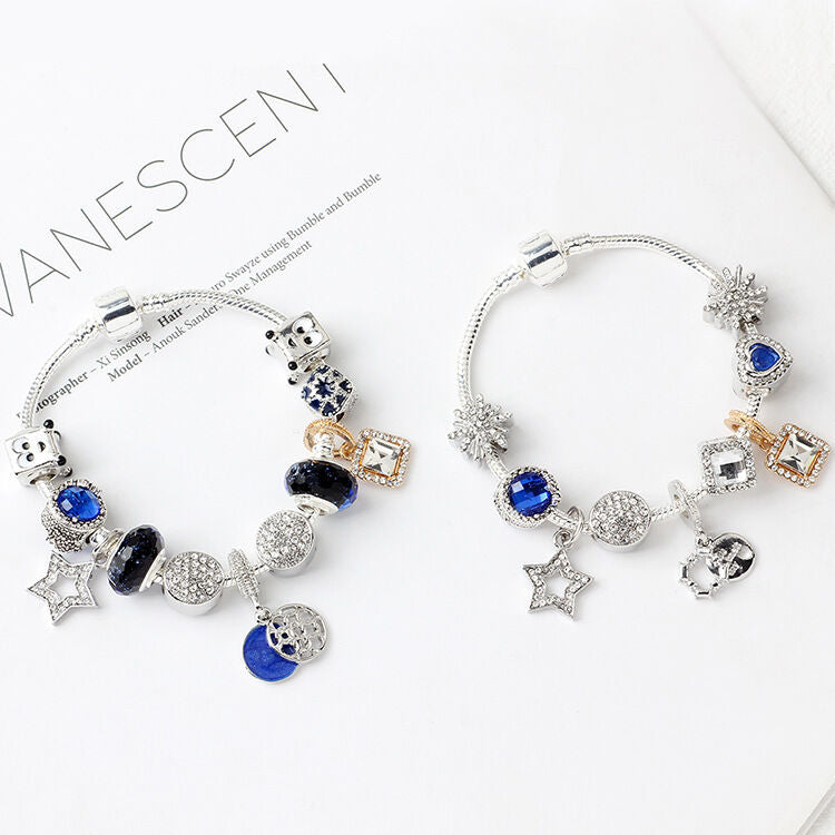 Sparkling Charm Bracelet with Smiley, Crystal, Rhinestone Beads & Hollow Star Zircon Pendants(18cm)
