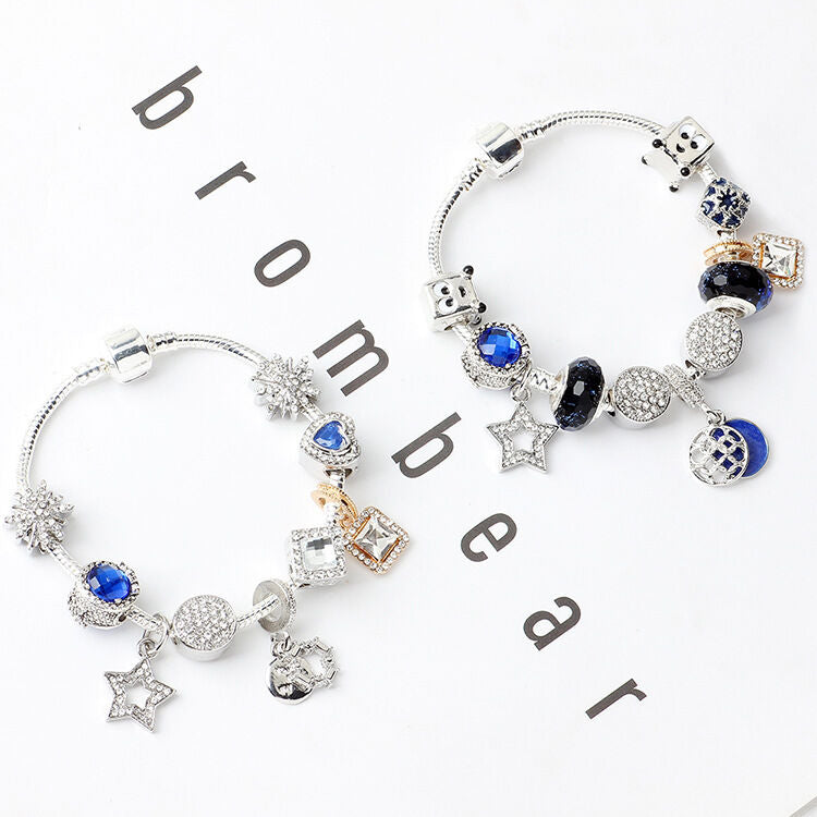 Sparkling Charm Bracelet with Smiley, Crystal, Rhinestone Beads & Hollow Star Zircon Pendants(19cm)