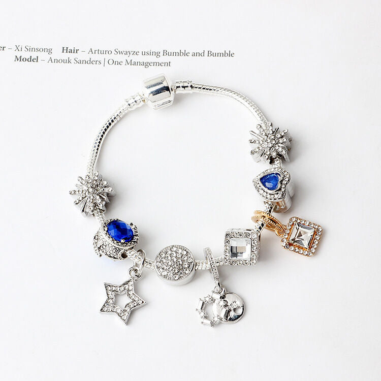 Sparkling Charm Bracelet with Smiley, Crystal, Rhinestone Beads & Hollow Star Zircon Pendants(20cm)