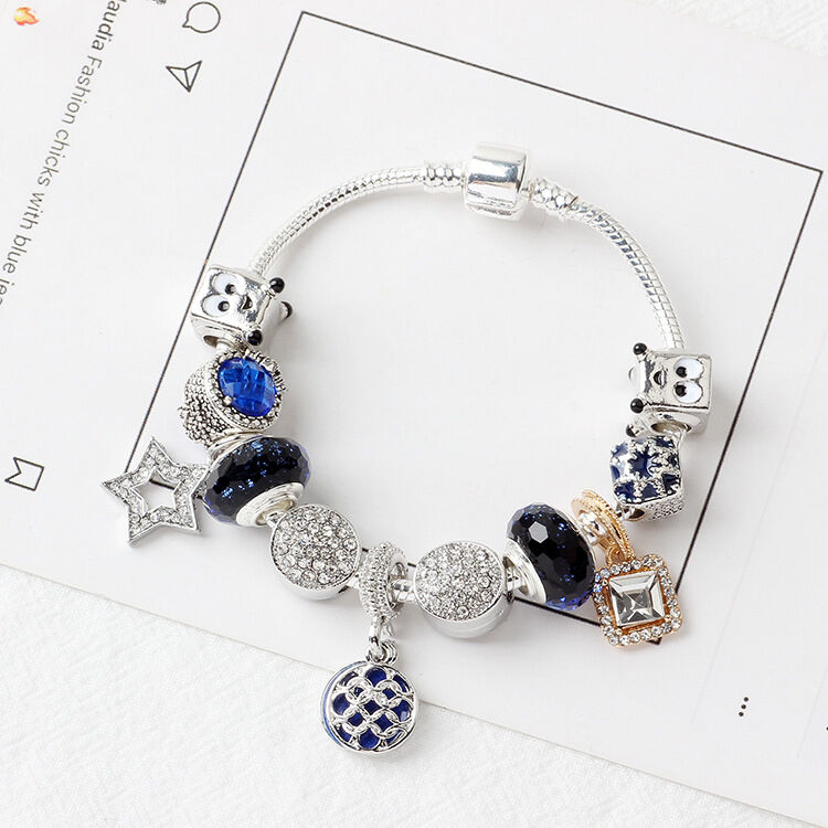 Fashion Charm Bracelet with Snowflake, Crystal, Rhinestone Beads & Hollow Star Zircon Pendant(19cm)