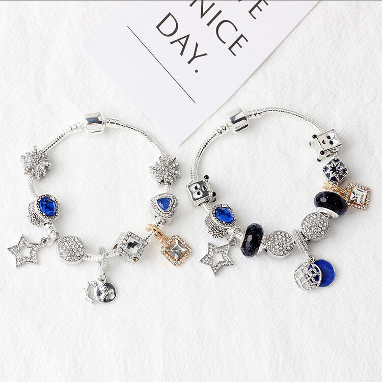 Fashion Charm Bracelet with Snowflake, Crystal, Rhinestone Beads & Hollow Star Zircon Pendant(20cm)