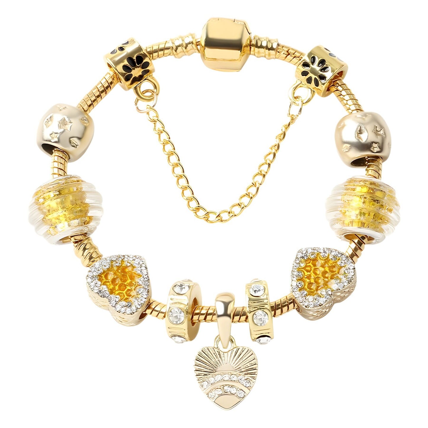Golden Rhinestone Heart Charm Beaded Snake Chain Bracelet(19cm)