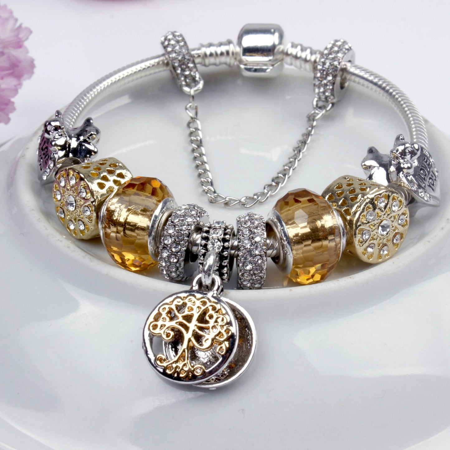Crystal Bead & Tree of Life Pendant Bracelet with Rhinestones(18cm)