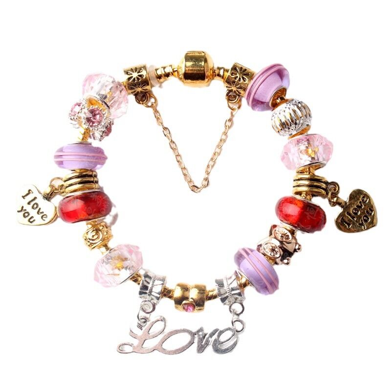Love-Themed Beaded Bracelet with Crystal & Letter Pendant(18cm)