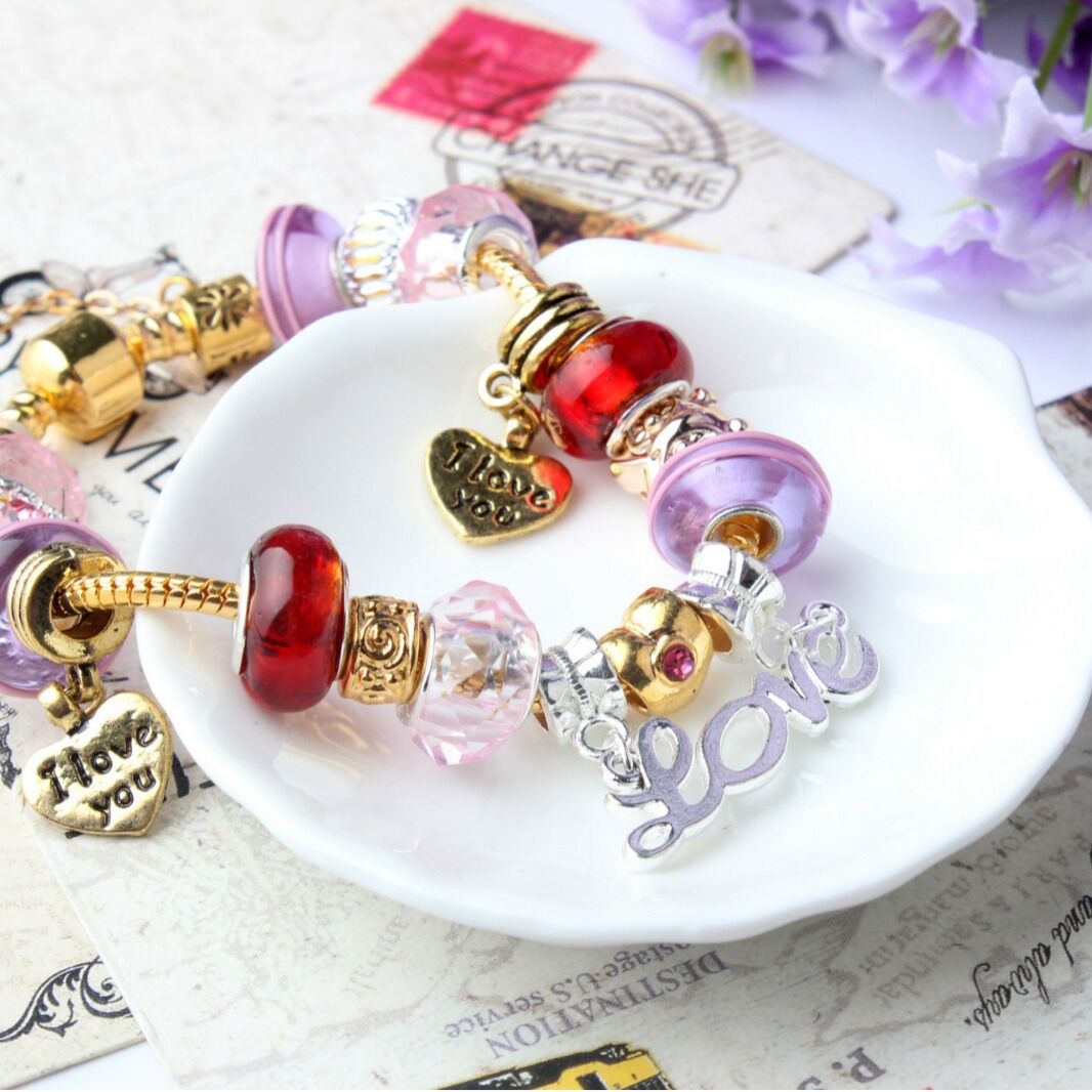 Love-Themed Beaded Bracelet with Crystal & Letter Pendant(19cm)