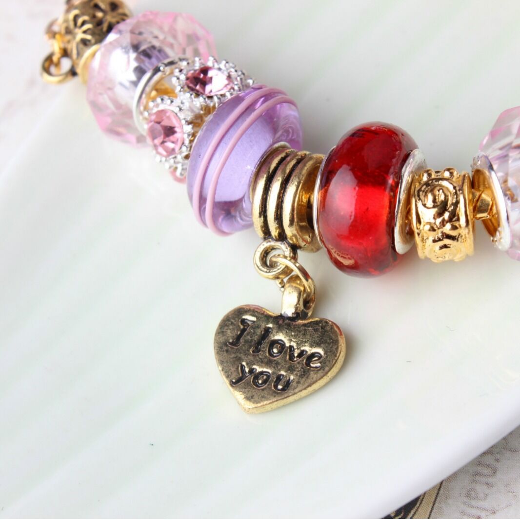 Love-Themed Beaded Bracelet with Crystal & Letter Pendant(20cm)