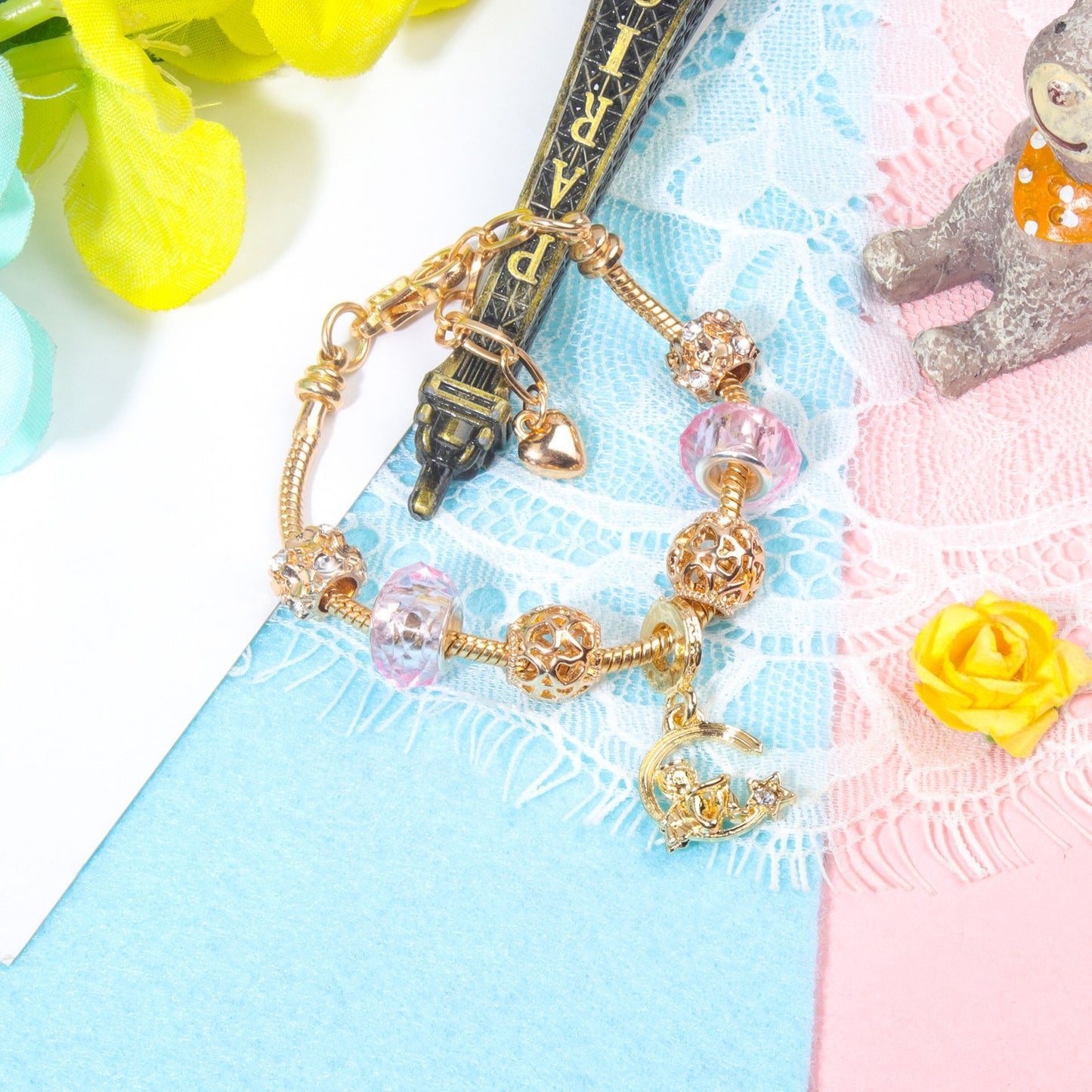 Sweet Style Crystal Rhinestone Gold Star Moon Pendant Cute Pink Bead Bracelet(18cm)