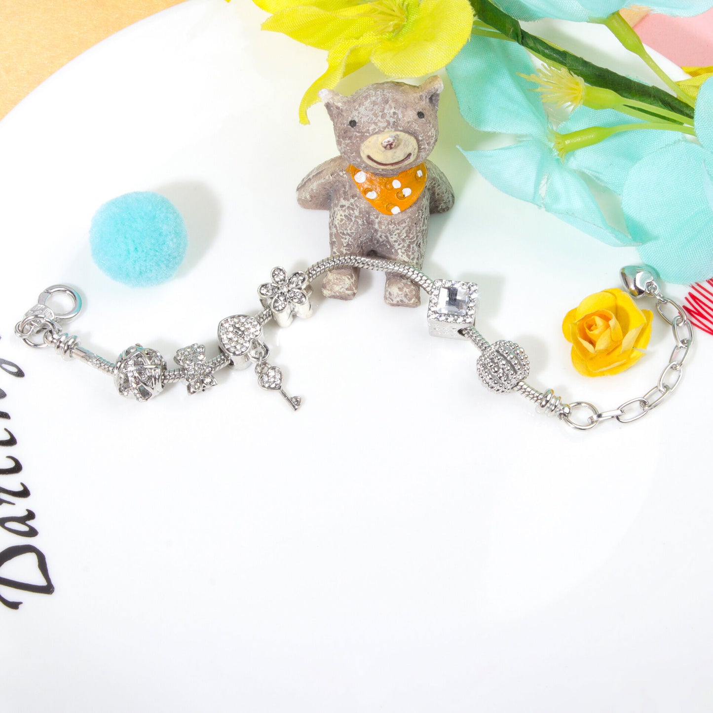 Adjustable Lobster Clasp Bracelet with Zircon Hollow Ball, Square, Flower & Heart Key Charms(21cm)