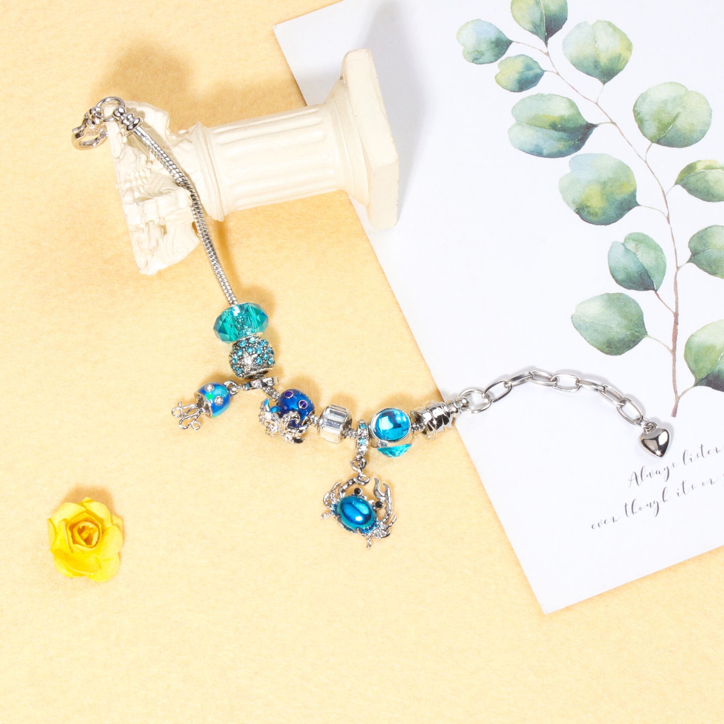 Cartoon Ocean Theme Bracelet with Octopus, Jellyfish, Crab Charms & Crystal Rhinestone Beads(17cm)