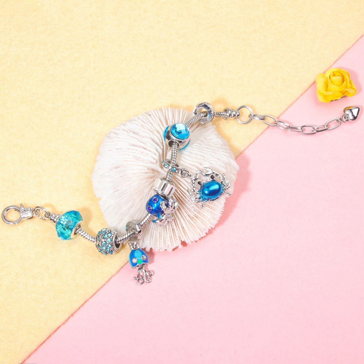 Cartoon Ocean Theme Bracelet with Octopus, Jellyfish, Crab Charms & Crystal Rhinestone Beads(20cm)