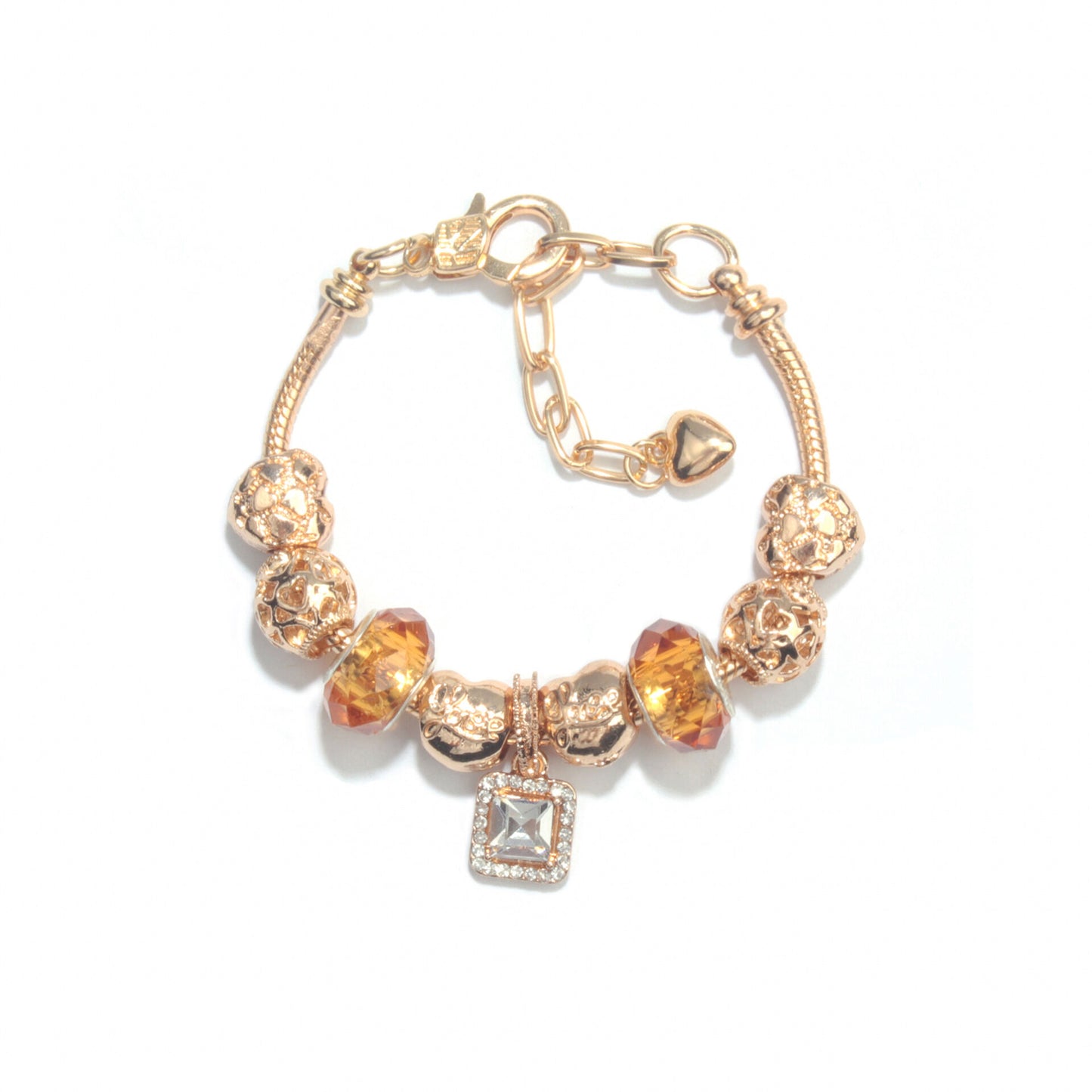 Golden Heart Zircon Hollow Bead Bracelet with Rhinestone Pendant(18cm)