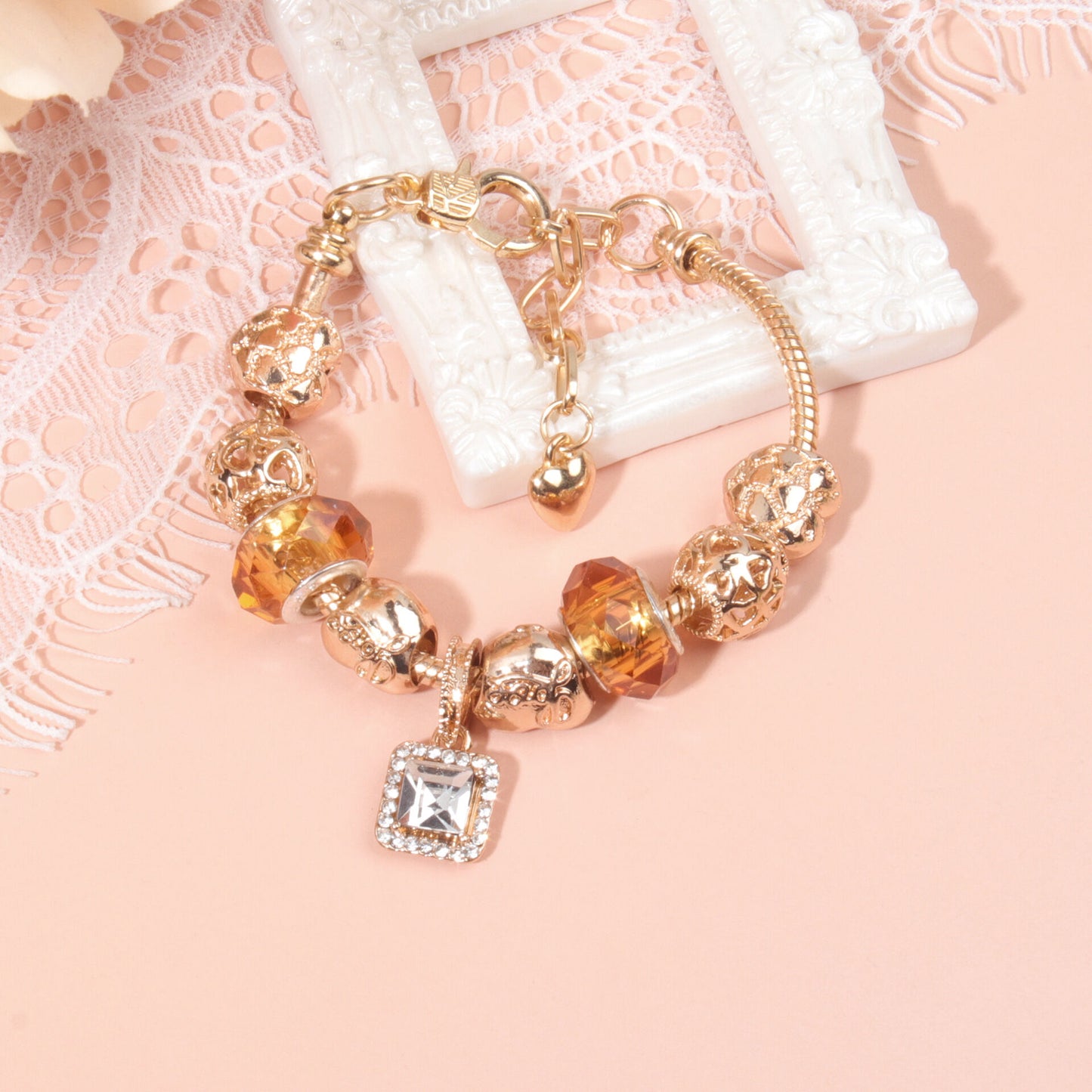 Golden Heart Zircon Hollow Bead Bracelet with Rhinestone Pendant(18cm)