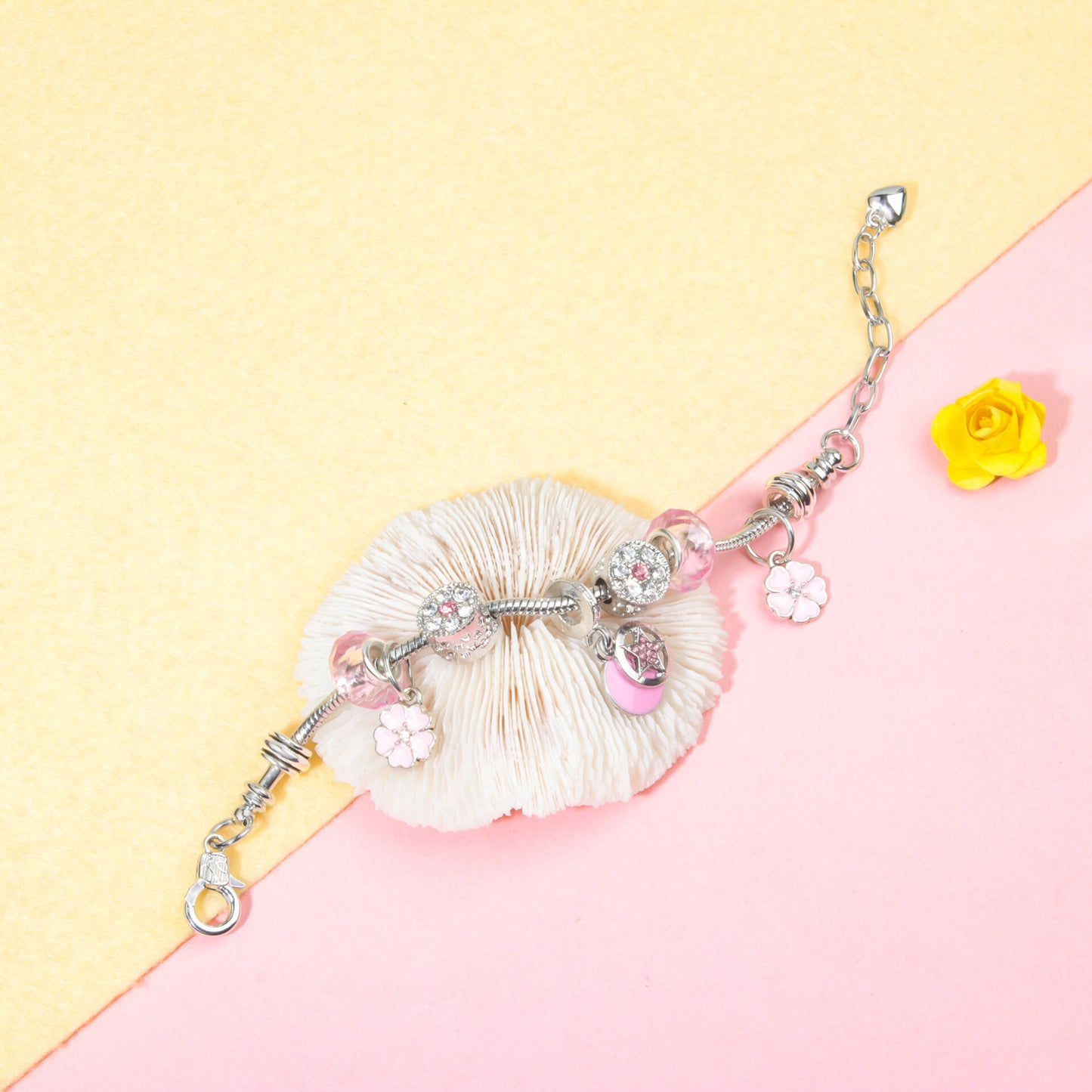 Chic Pink Crystal Beaded Bracelet with Magnolia & Star Pendant(16cm)