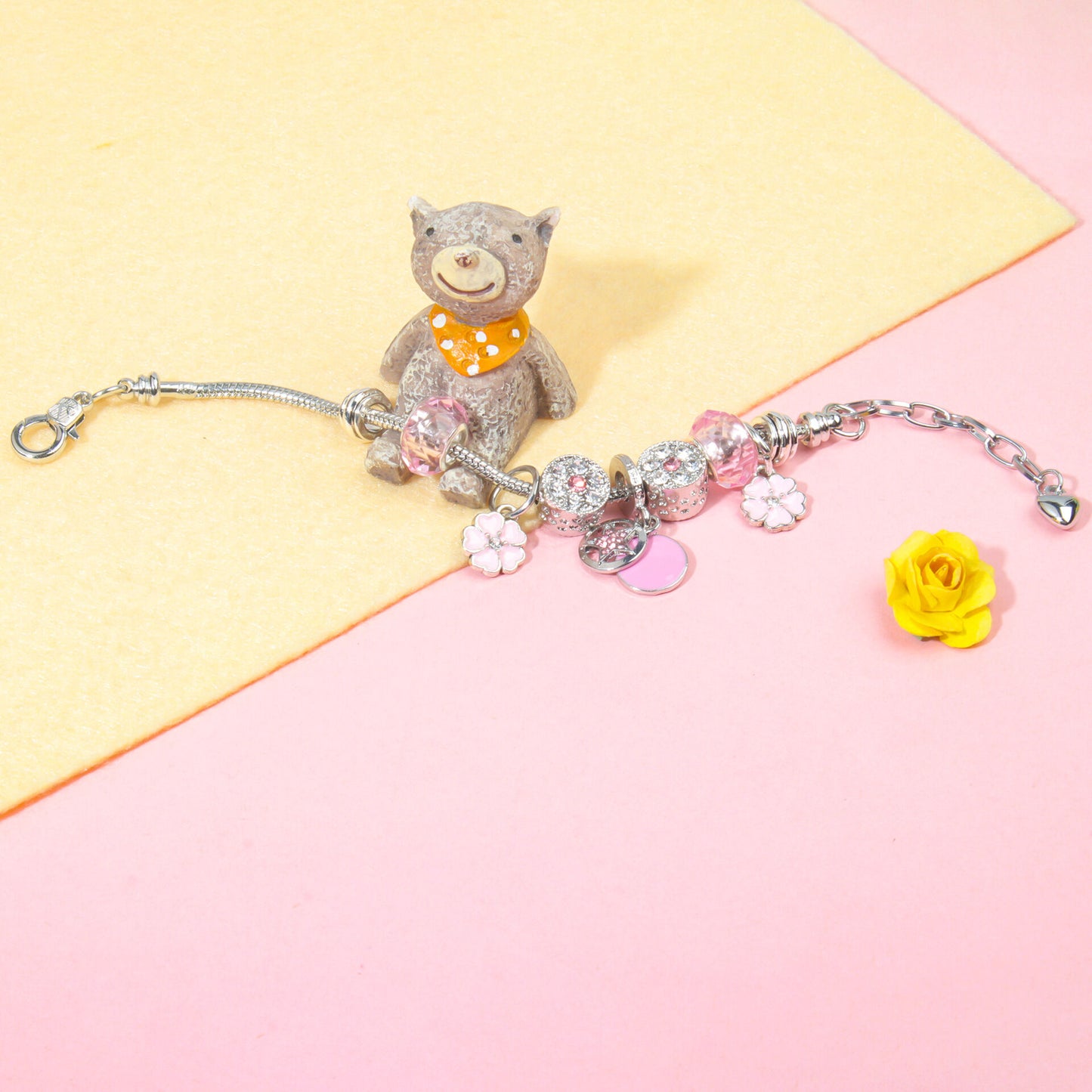 Chic Pink Crystal Beaded Bracelet with Magnolia & Star Pendant(17cm)