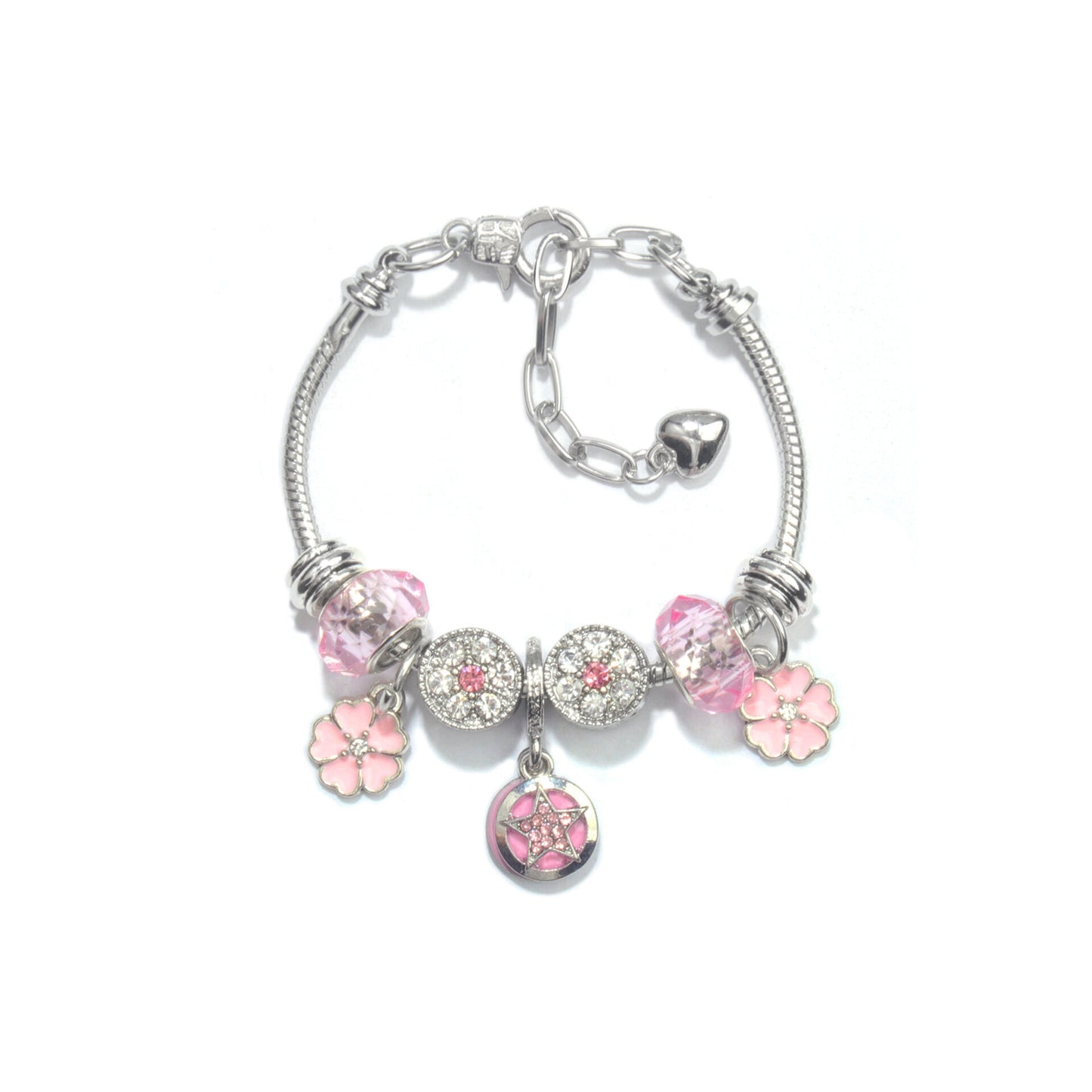 Chic Pink Crystal Beaded Bracelet with Magnolia & Star Pendant(19cm)