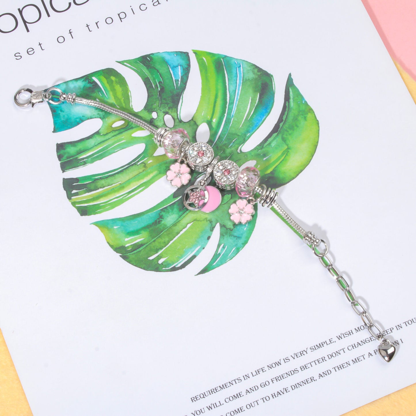 Chic Pink Crystal Beaded Bracelet with Magnolia & Star Pendant(19cm)