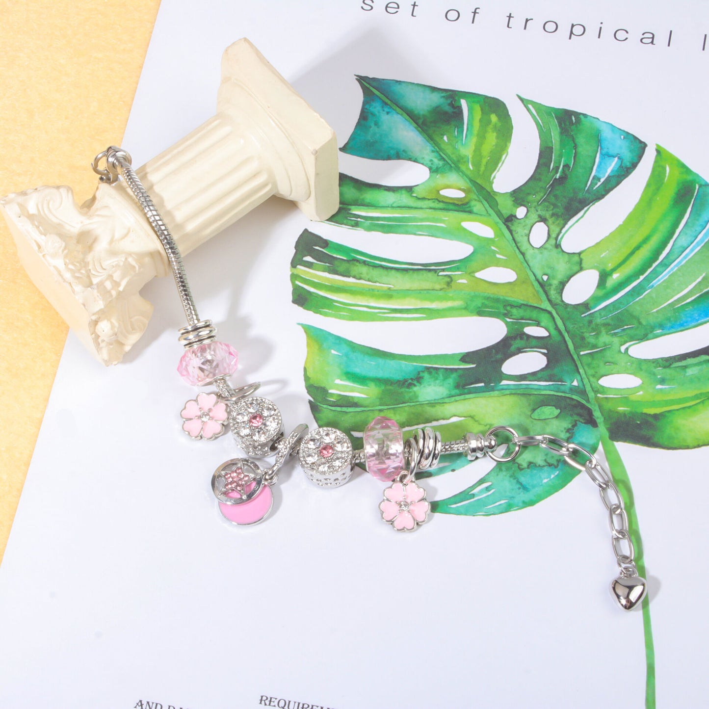 Chic Pink Crystal Beaded Bracelet with Magnolia & Star Pendant(20cm)