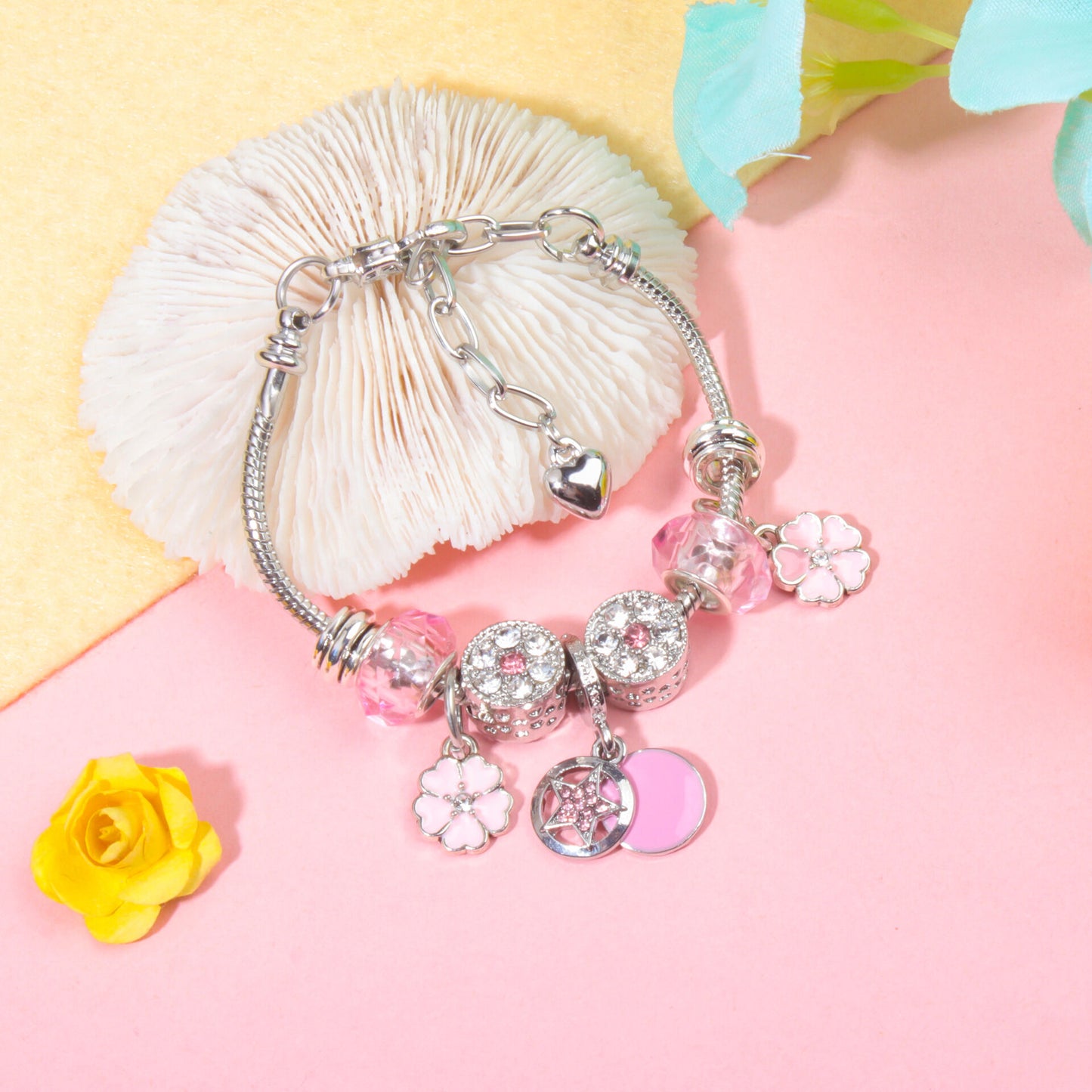 Chic Pink Crystal Beaded Bracelet with Magnolia & Star Pendant(21cm)