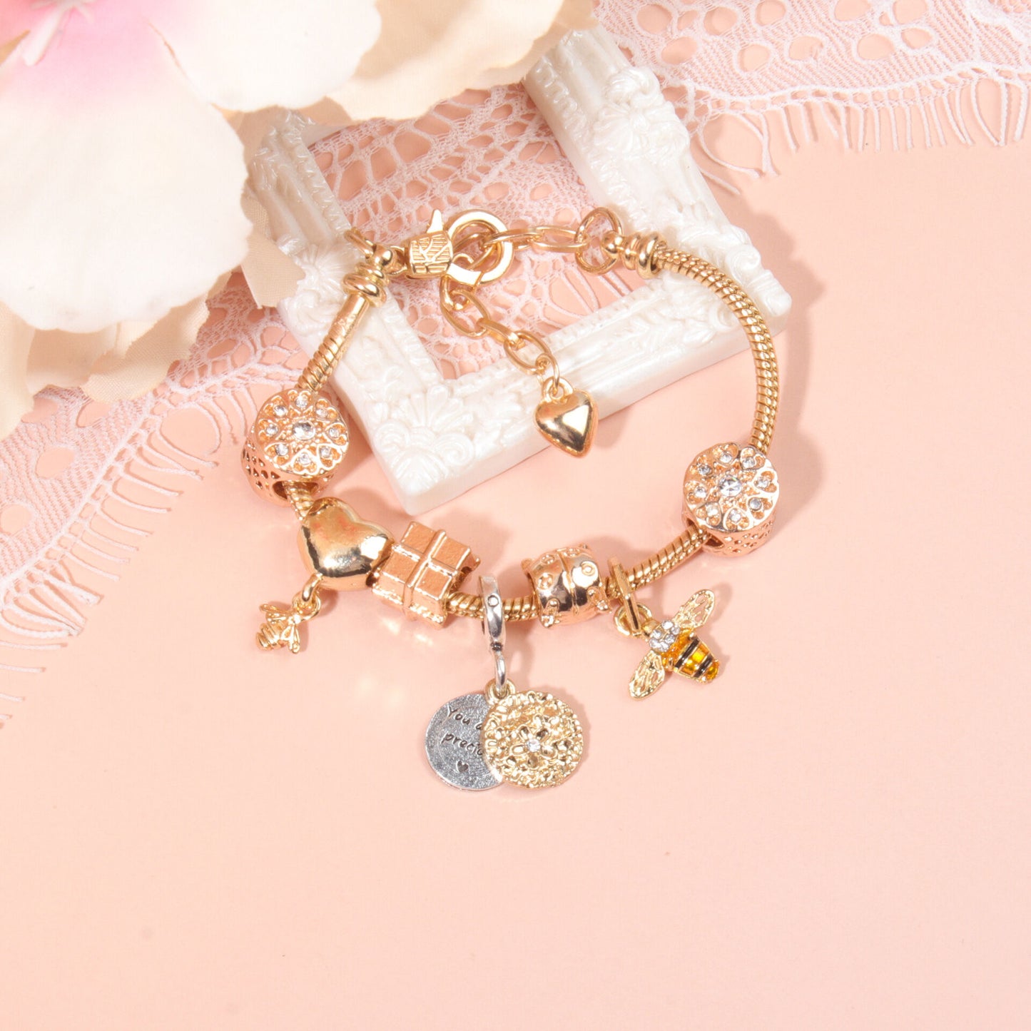 Golden Heart & Bee Charm Bracelet with Rhinestones, Hollow Flower & Gift Box Beads(16cm)