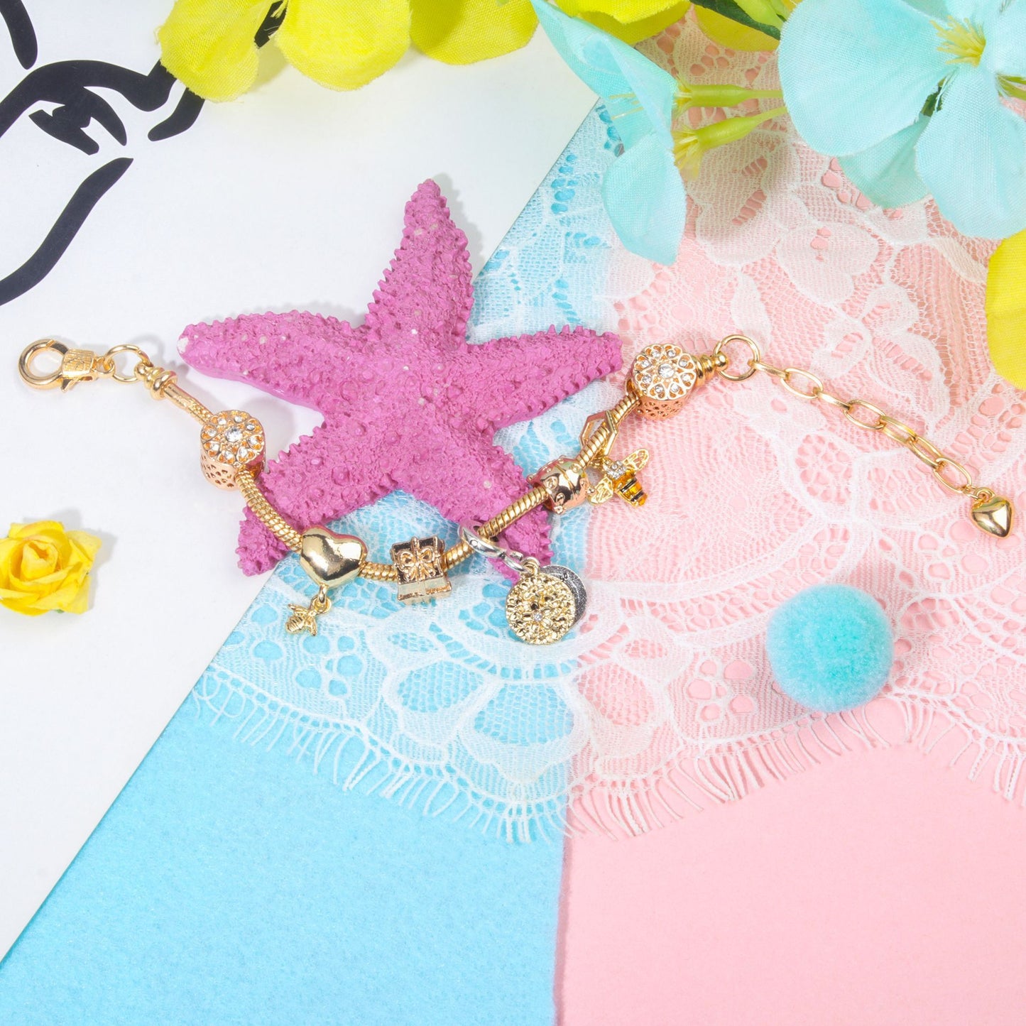 Golden Heart & Bee Charm Bracelet with Rhinestones, Hollow Flower & Gift Box Beads(18cm)