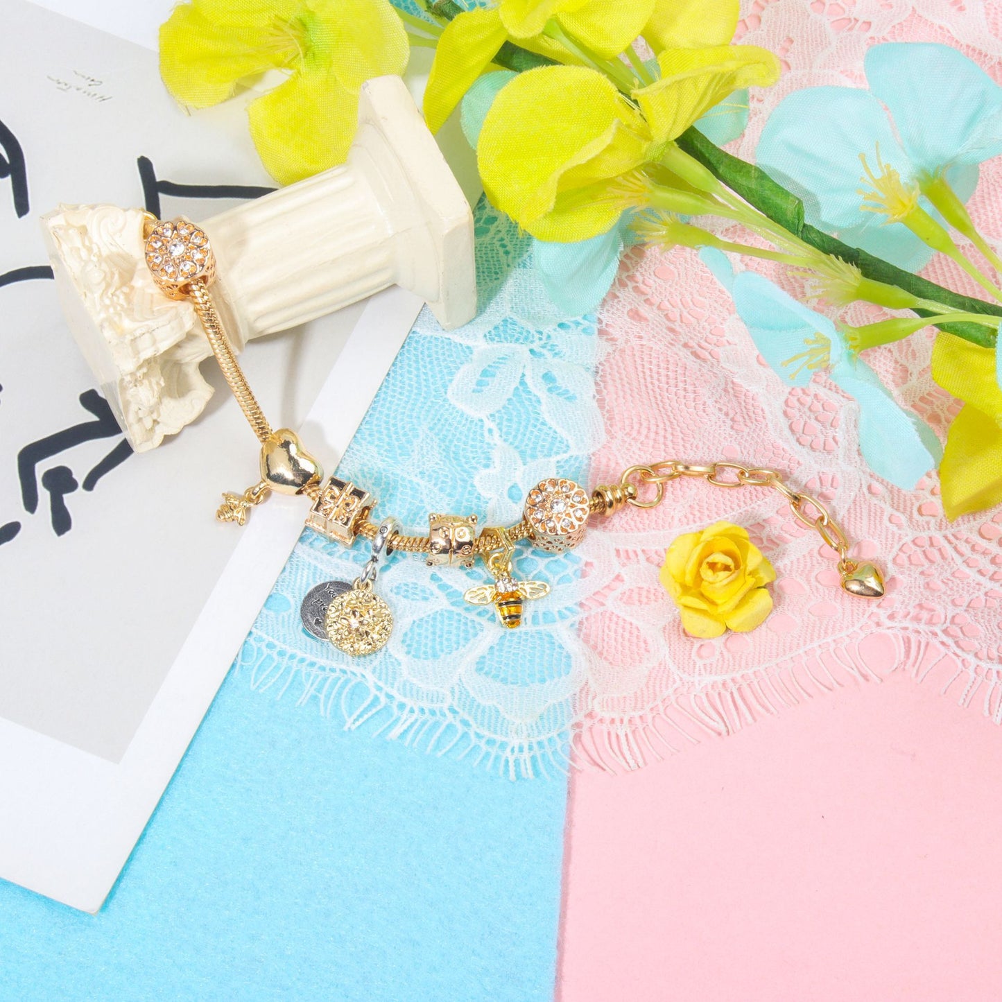 Golden Heart & Bee Charm Bracelet with Rhinestones, Hollow Flower & Gift Box Beads(19cm)