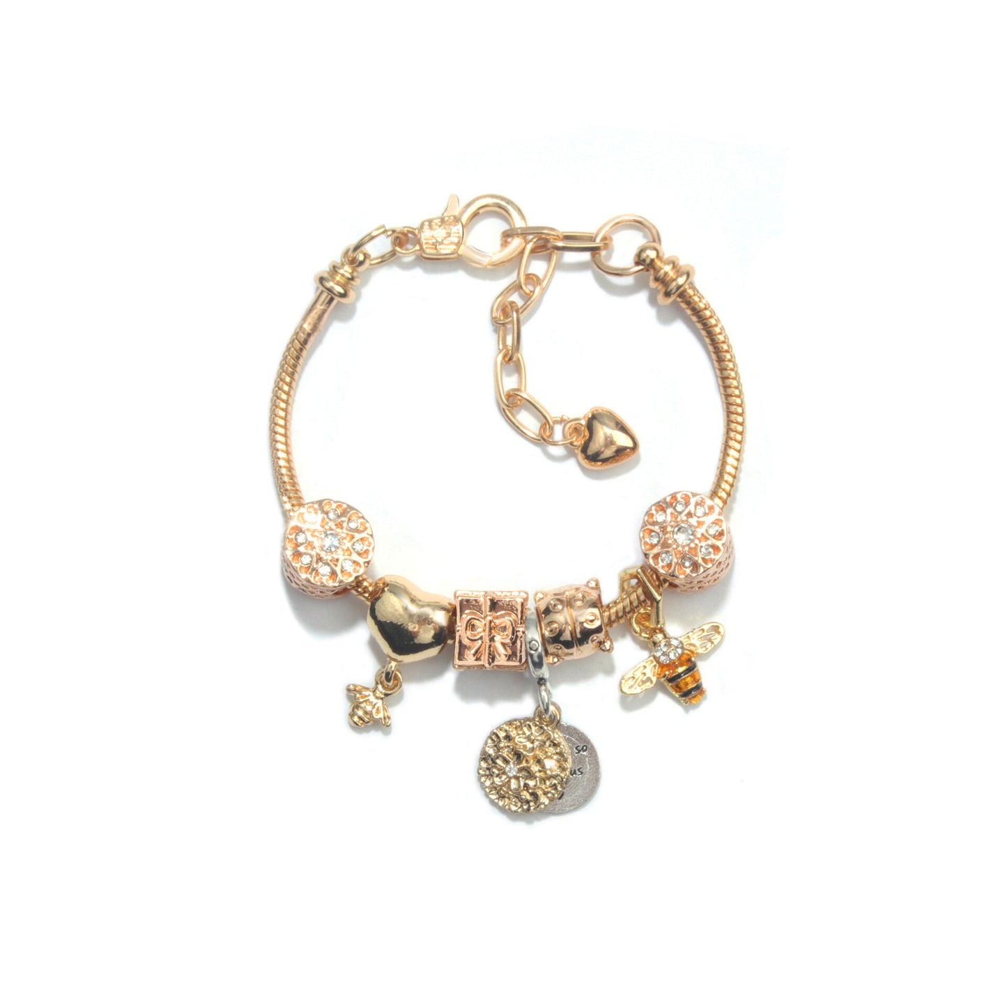 Golden Heart & Bee Charm Bracelet with Rhinestones, Hollow Flower & Gift Box Beads(20cm)