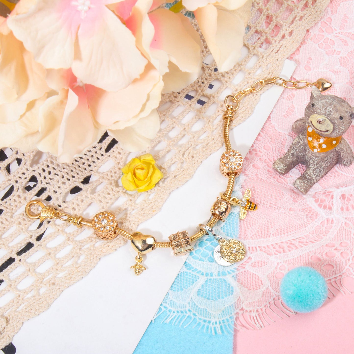 Golden Heart & Bee Charm Bracelet with Rhinestones, Hollow Flower & Gift Box Beads(20cm)