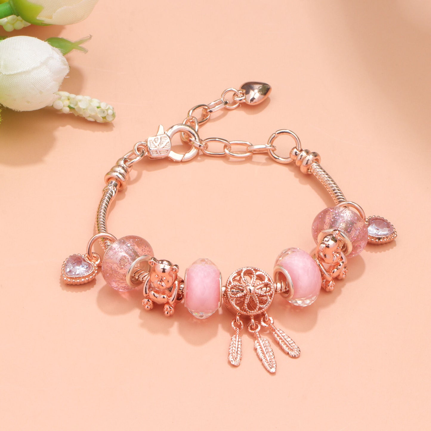 Rose Gold Charm Bracelet with Dreamcatcher & Bear Beads, Colorful Glass Beads Bracelet(18cm)
