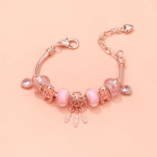 Rose Gold Charm Bracelet with Dreamcatcher & Bear Beads, Colorful Glass Beads Bracelet(20cm)